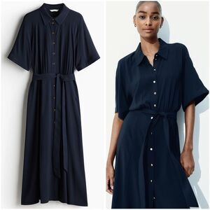 H&M Tie-belt Shirt Dress Navy Blue New